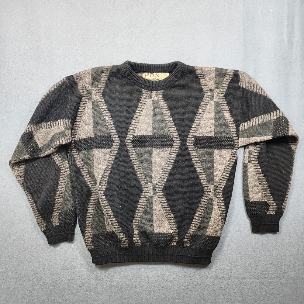 PDX Jantzen Vintage Mens Sweater Large Acrylic Black Grey Geometric Diamond 90s